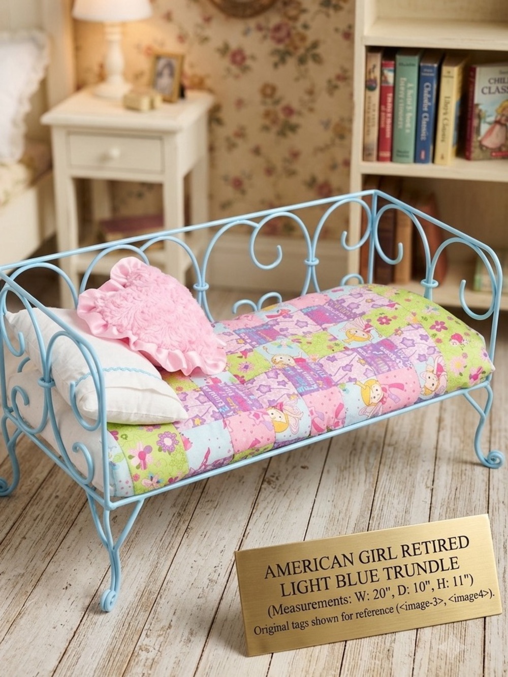 American Girl Retired Light Blue Wrought Iron Trundle Frame Mattress Pillow